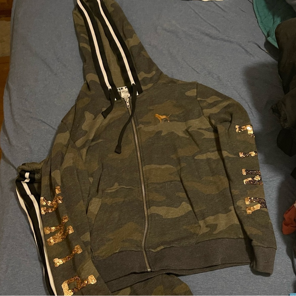 Camo VS pink with gold sequins jacket and jogging pants